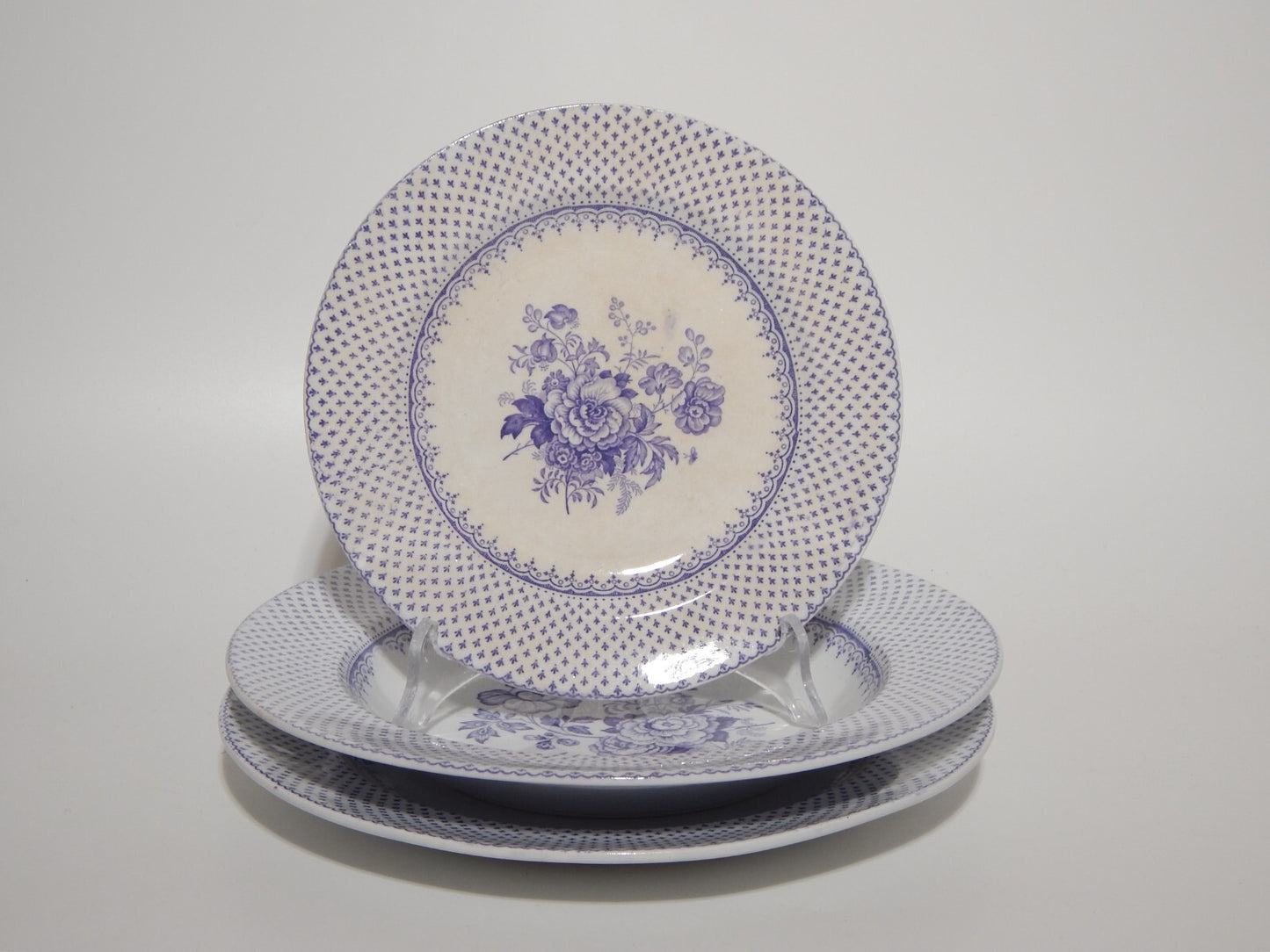 ANTICO SET 12 PIATTI CERAMICA STAFFORDSHIRE PRIMAVESI 1860 ERMINE BORDER VIOLA
