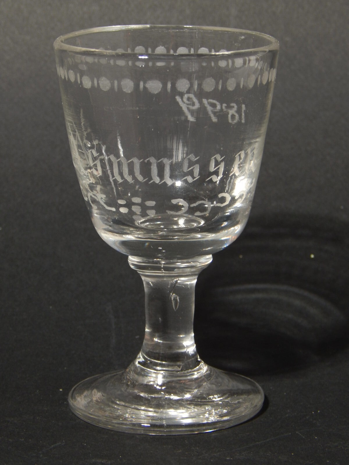 ANTICO COLLEZIONE CALICE CRISTALLO INCISO RECA DATA E NOME 1899 ASMUSSEN