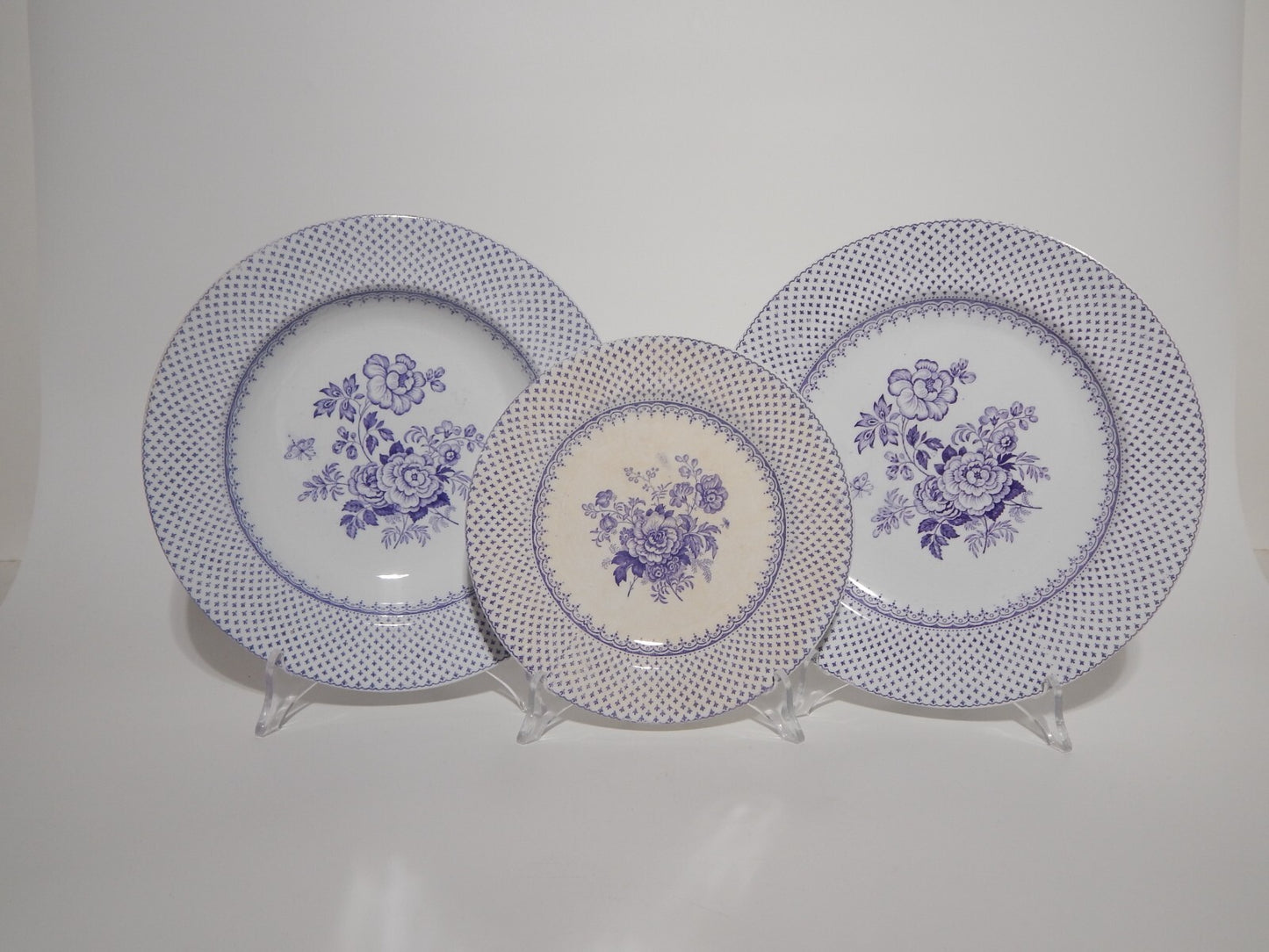 ANTICO SET 12 PIATTI CERAMICA STAFFORDSHIRE PRIMAVESI 1860 ERMINE BORDER VIOLA
