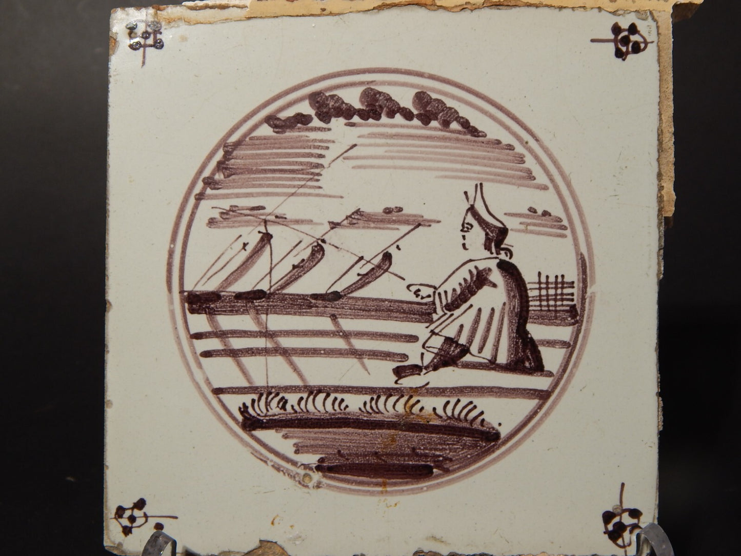 ANTICA PIASTRELLA MATTONELLA CERAMICA DELFT DEL 1700 DECORO AL MANGANESE (473)