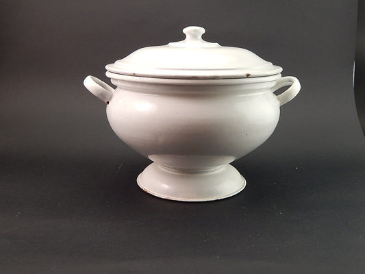 ANTICA RARA ZUPPIERA LATTA SMALTATA PORCELLANATA BIANCA MARCA DUE LEONI