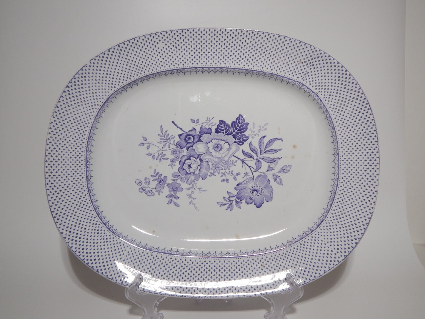 ANTICO GRANDE VASSOIO CERAMICA STAFFORDSHIRE PRIMAVESI 1860 ERMINE BORDER VIOLA