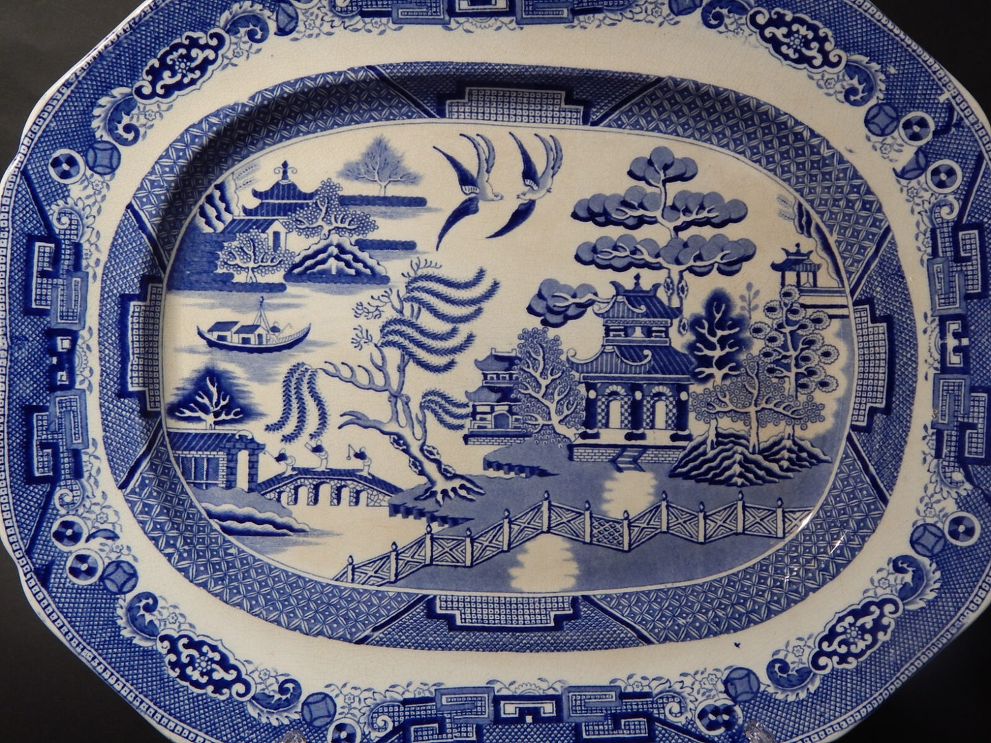 ANTICO VASSOIO CERAMICA TRANSFERWARE WILLOW BLU META' 800 IMPROVED STONE WARE
