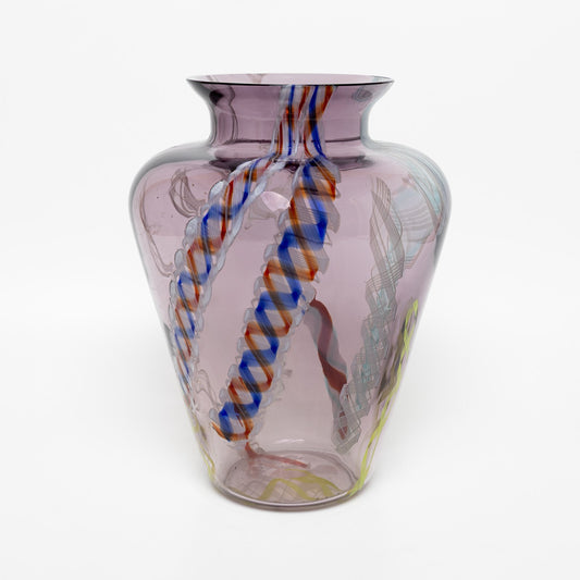 VINTAGE MODERNARIATO VASO VETRO SOFFIATO DECORO MULTICOLOR INCISIONE MURANO