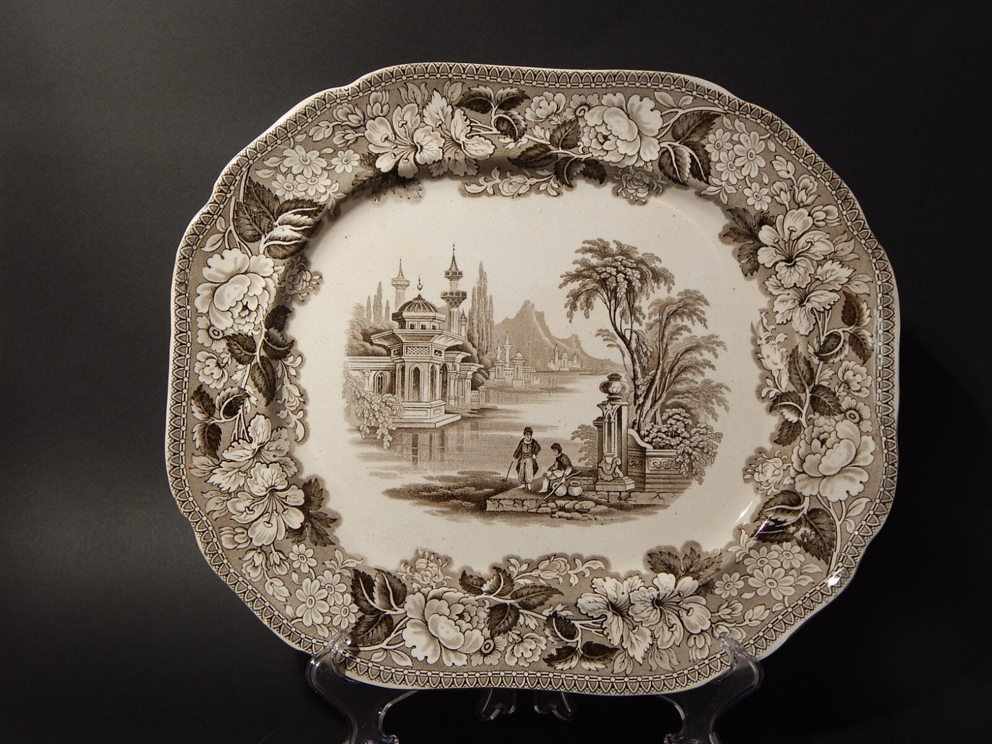 ANTICO VASSOIO CERAMICA POTTERY J. MARSHALL & CO BOSPHORUS STAMPA A MANO MARRONE