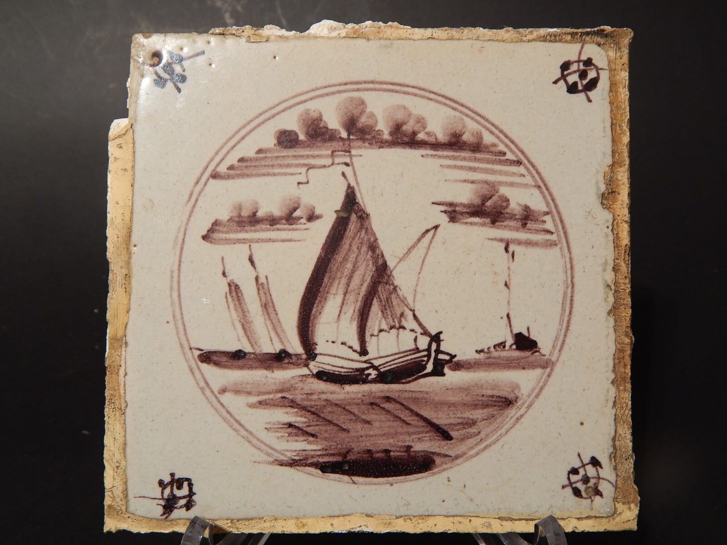 ANTICA PIASTRELLA MATTONELLA CERAMICA DELFT DEL 1700 DECORO AL MANGANESE (478)