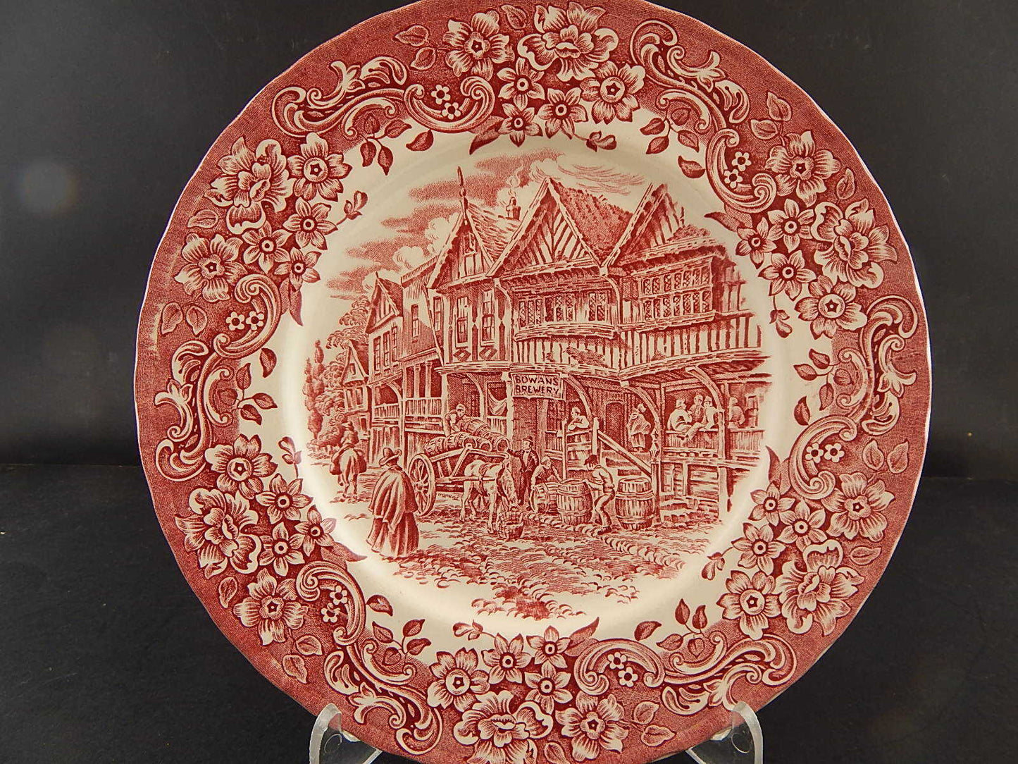 CERAMICA VINTAGE PIATTO ROYAL TUDOR STAMPATO A MANO DA MELLOR BIANCO-ROSSO
