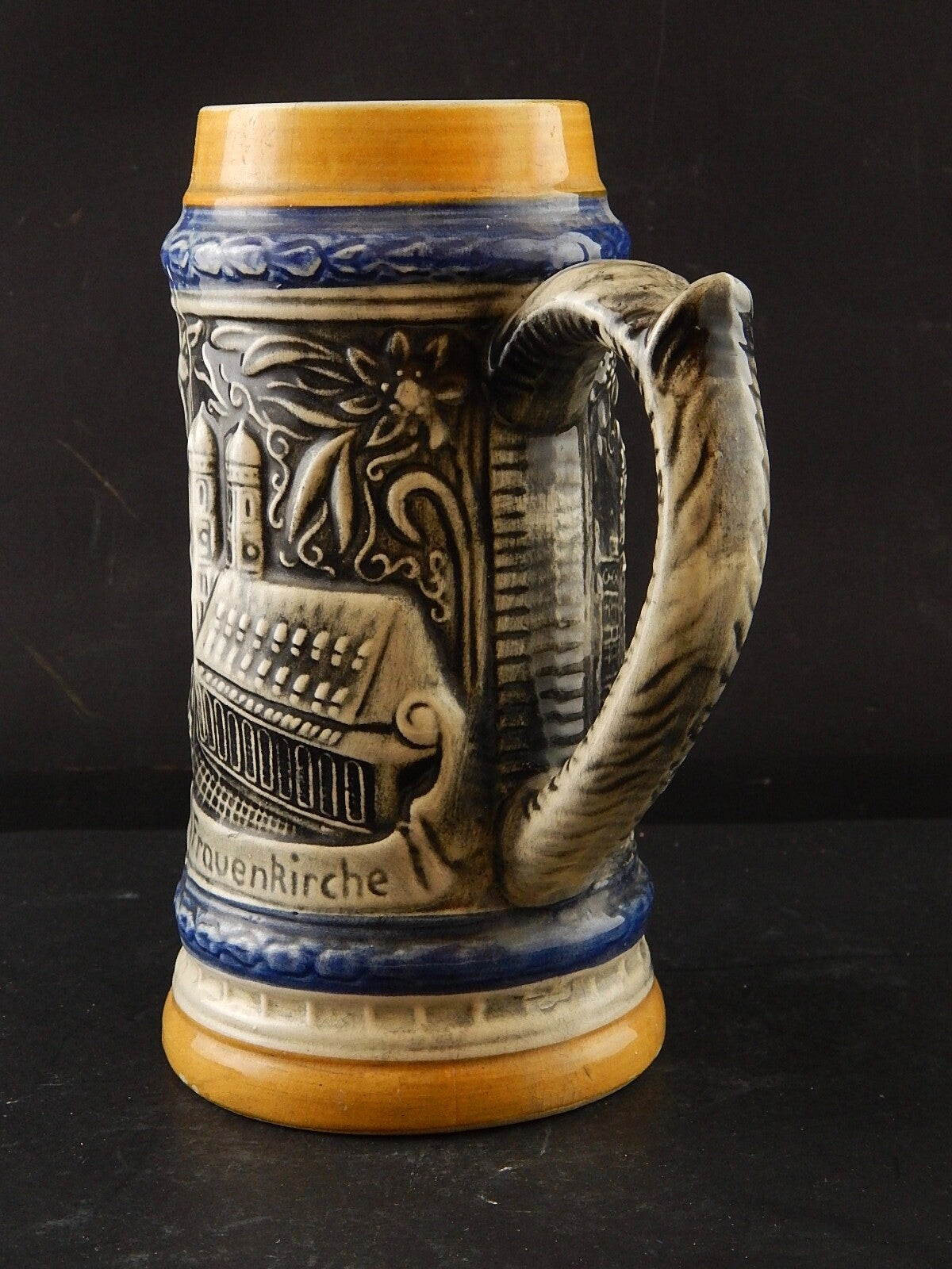 ANTICO AUTENTICO BOCCALE BIRRA MUNCHEN FRAUENKIRCHE CERAMICA TEDESCO COLLEZIONE