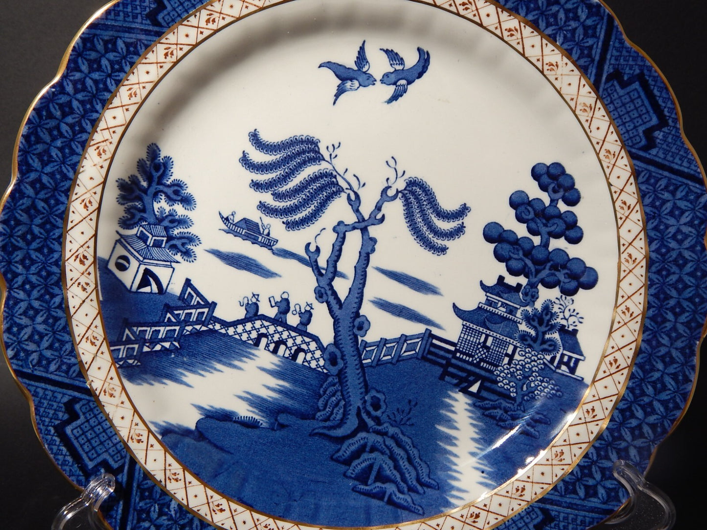 ANTICO REAL OLD WILLOW BOOTHS VASSOIO PORCELLANA INGLESE BIANCO BLU E ORO CM. 30