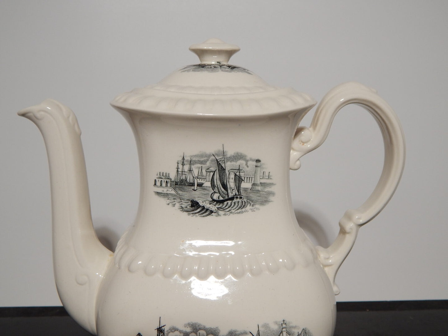 ANTICA RARA CAFFETTIERA INGLESE SEMI PORCELLANA COPELAND SPODE PAESAGGIO MARINO