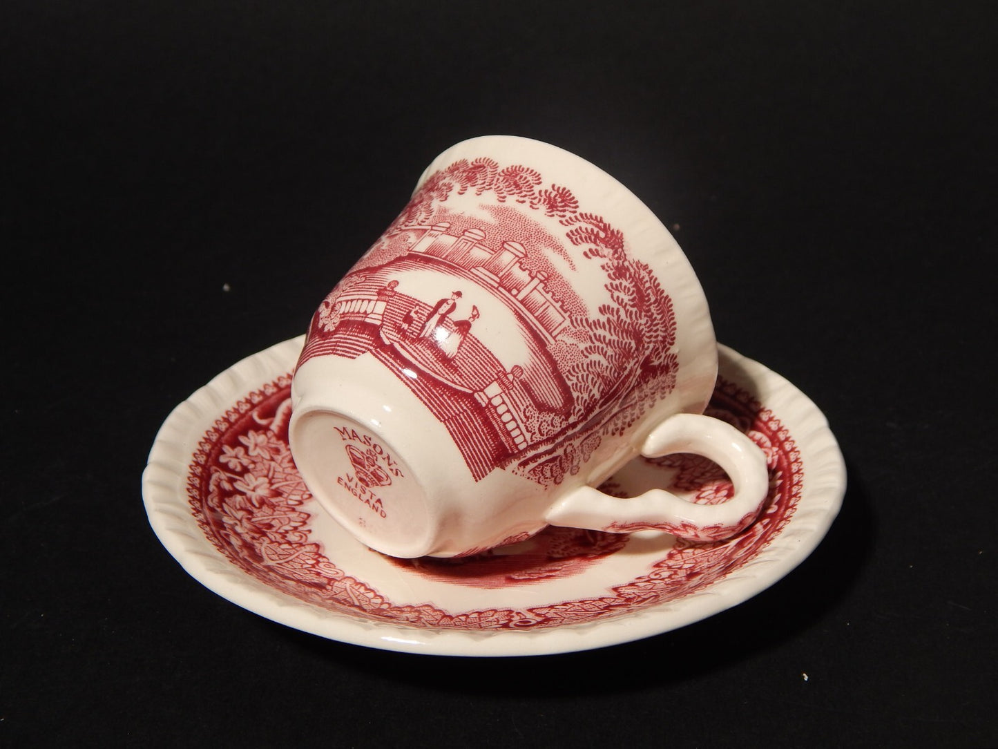 ANTICA TAZZINA CAFFE' SEMI PORCELLANA INGLESE MASON’S DECORO VISTA BIANCO ROSSO