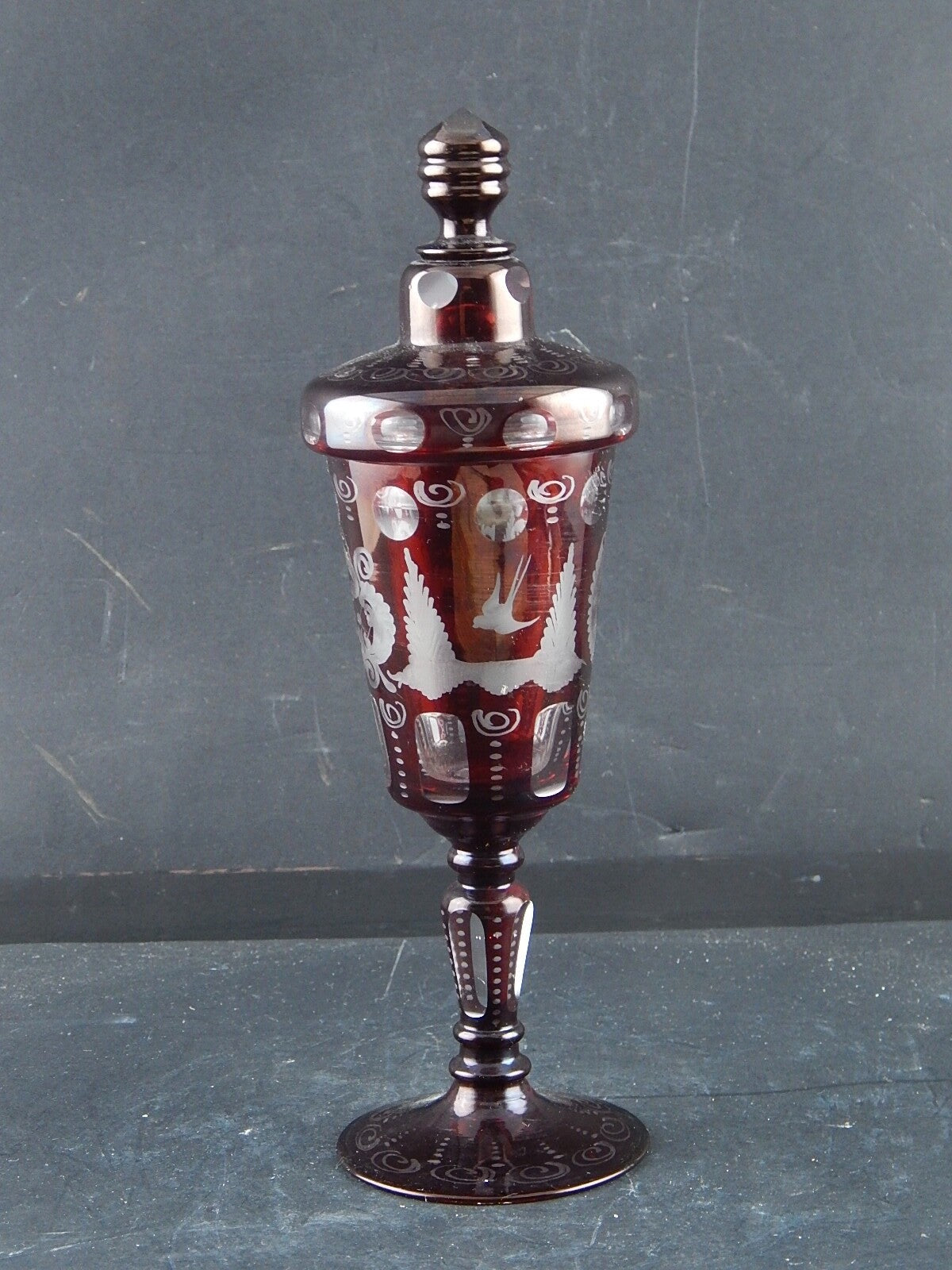 ANTICA PREZIOSA URNA VASO CRISTALLO DI BOEMIA RUBINO INCISO BIEDERMEIER