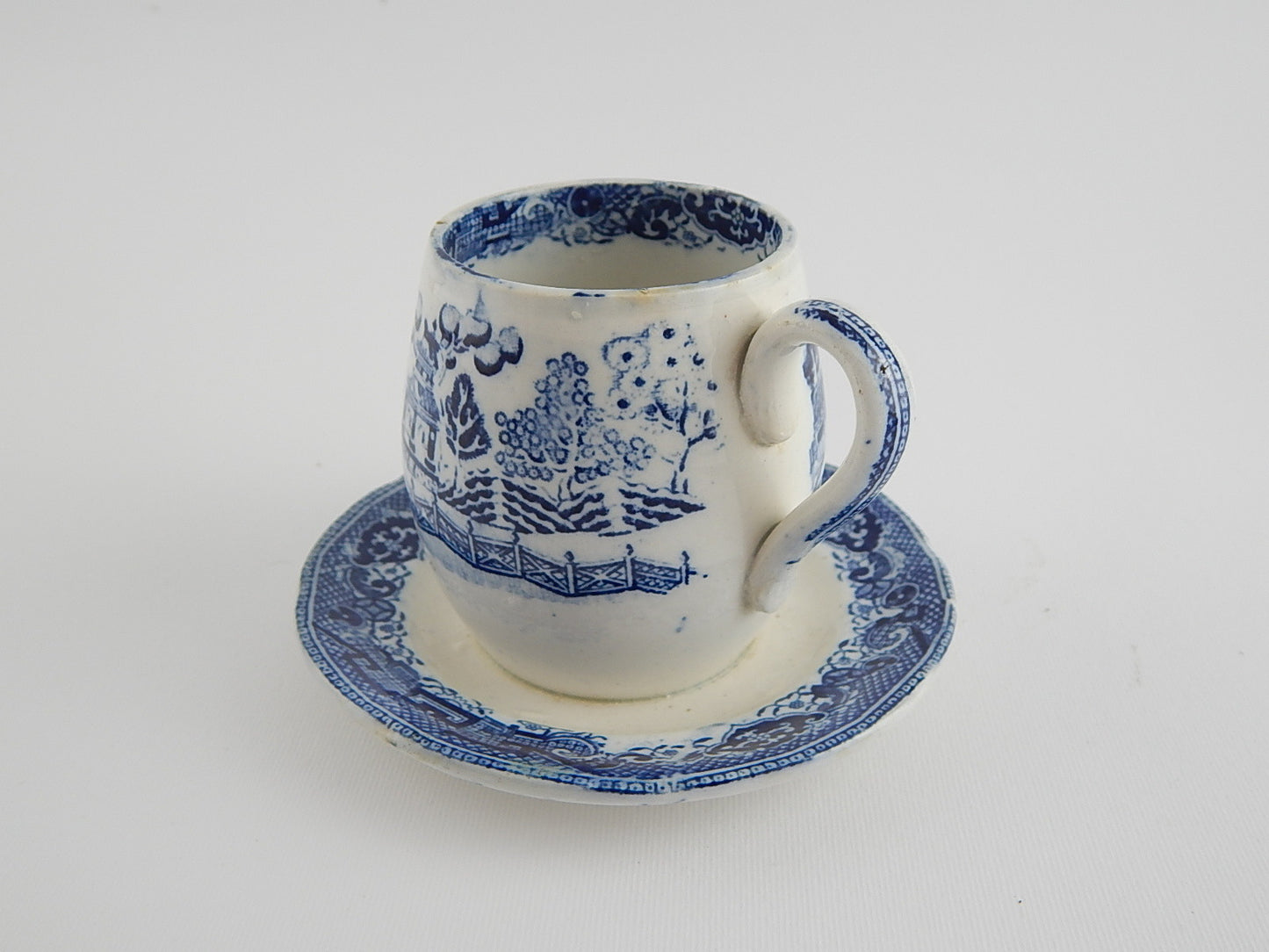 ANTICA MOSTARDIERA SALSIERA CERAMICA POTTERY INGLESE WILLOW COLONIALE META' 1800