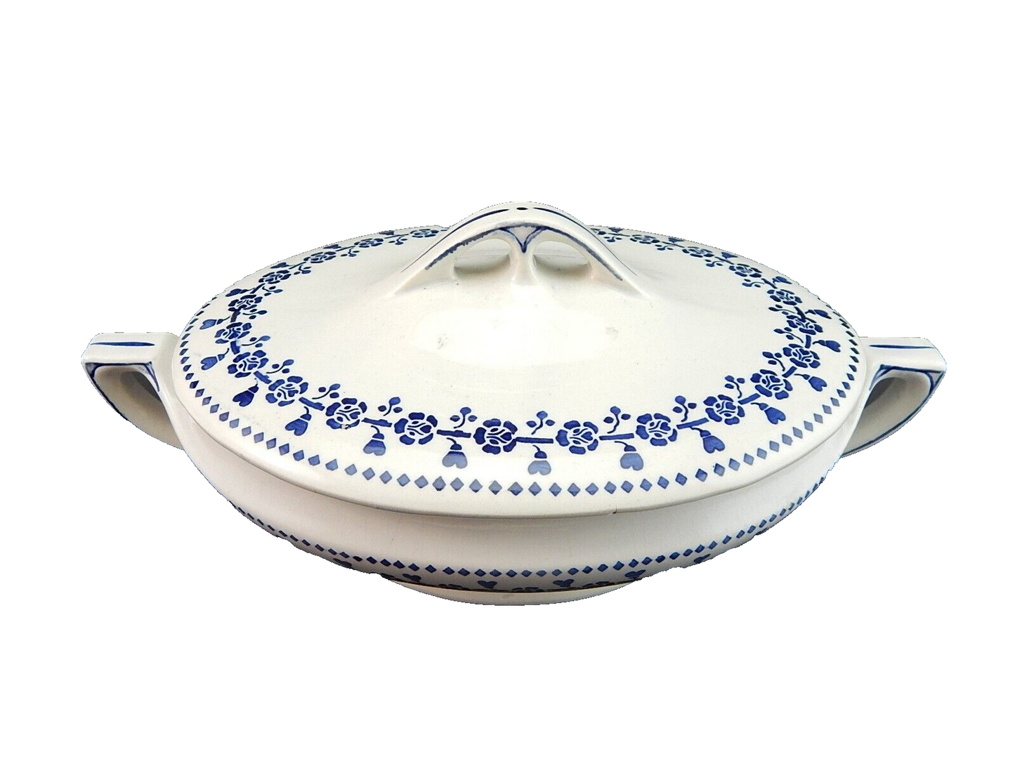 ANTICA ART DECO ZUPPIERA LEGUMIERA SEMI PORCELLANA CECILIE BIANCA E BLU