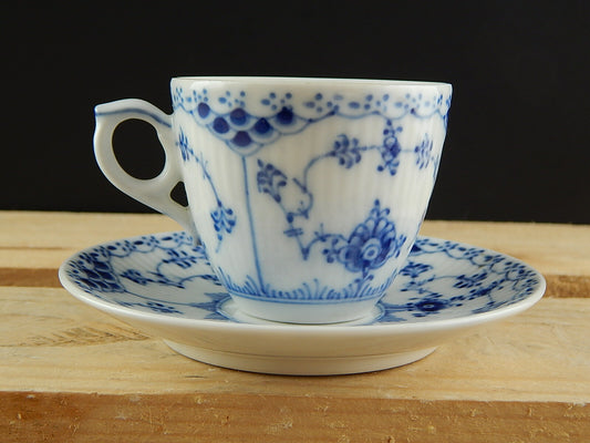 ROYAL COPENHAGEN PORCELLANA BLUE FLUTED HALF LACE COFFEE CUP & SAUCER TAZZINA