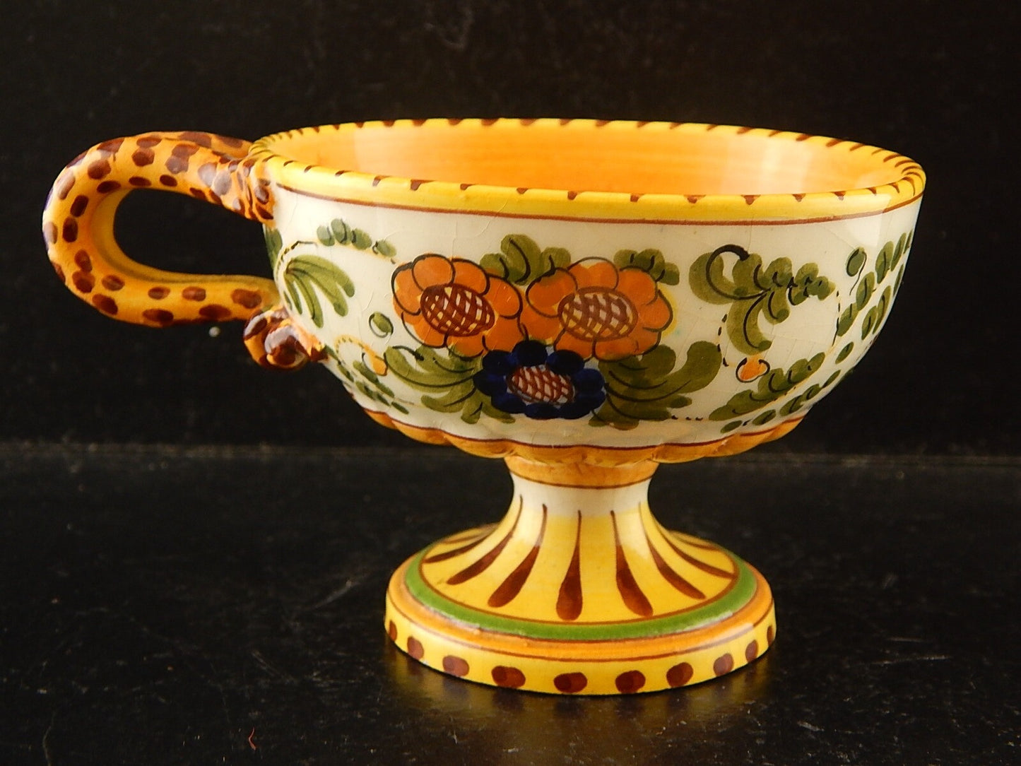 ANTICA TAZZA MAIOLICA CERAMICA POLICROMA FANTECHI ANSA A SERPE PRIMO 900 #8906