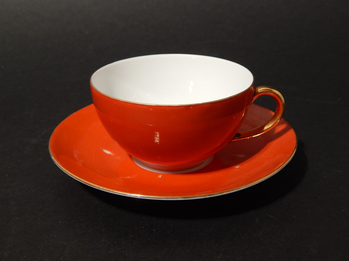 ANTICA RETRO' PREZIOSA TAZZINA PORCELLANA COLORE ARANCIO E ORO