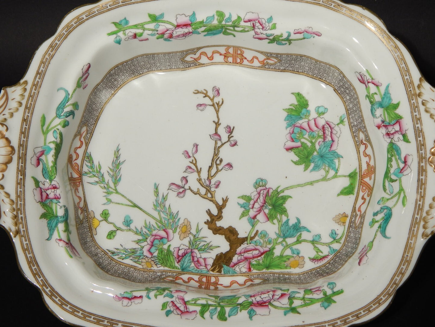 ANTICA RARA LEGUMIERA BONE CHINA INGLESE DECORO INDIAN TREE FINE 1800