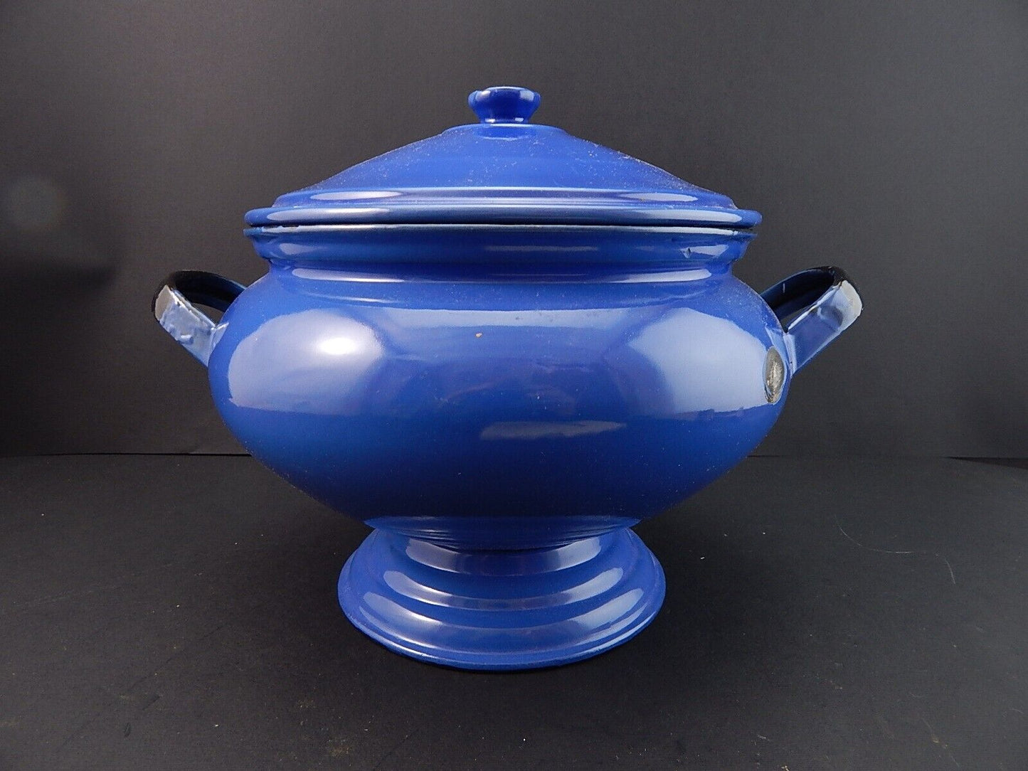 ANTICA RARA ZUPPIERA LATTA SMALTATA PORCELLANATA BLU COBALTO