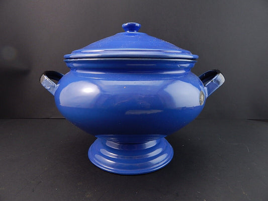 ANTICA RARA ZUPPIERA LATTA SMALTATA PORCELLANATA BLU COBALTO