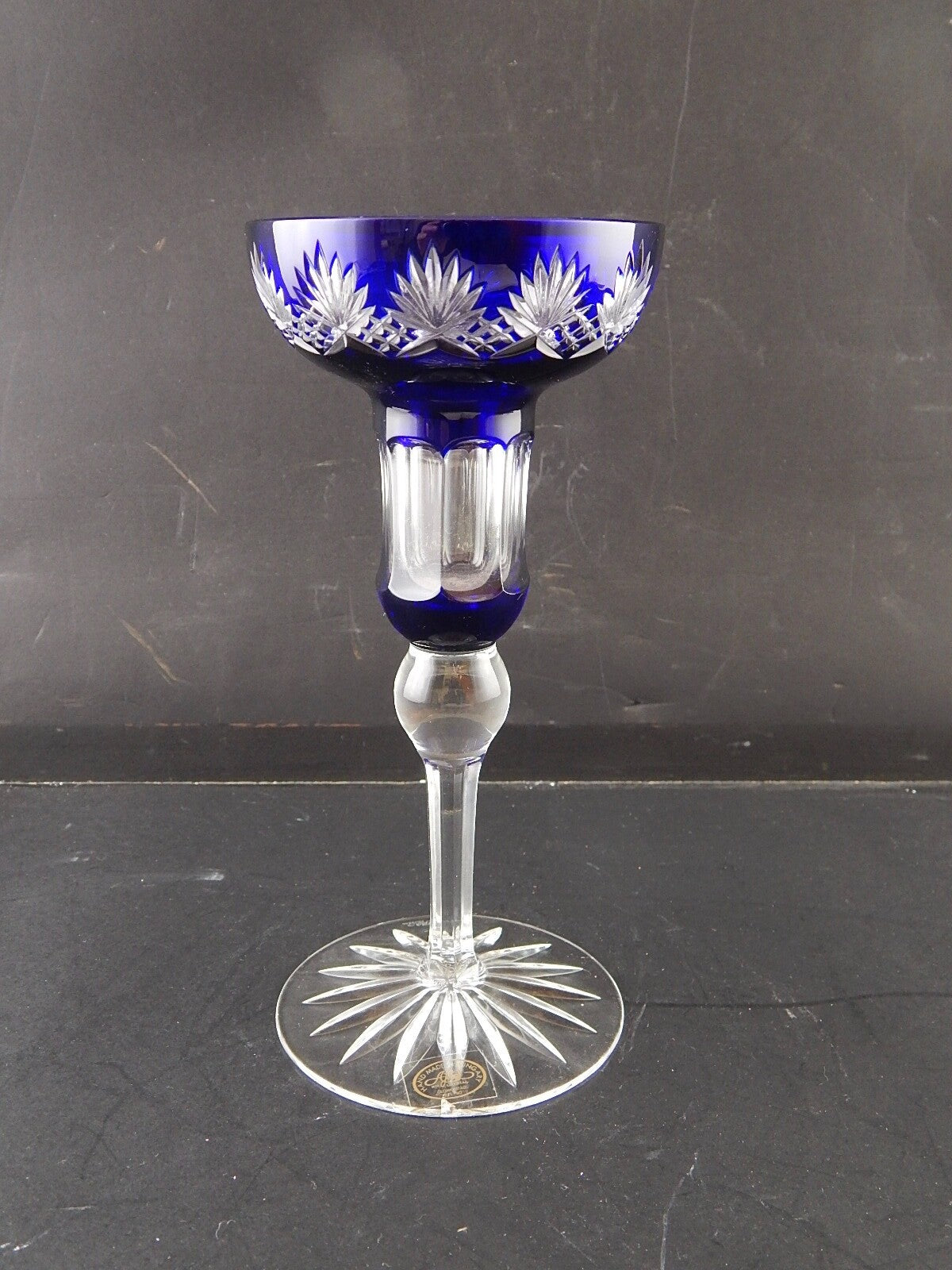 VINTAGE PREZIOSO PORTA CANDELA CRISTALLO ART DECO BOEMIA MOLATO BLU COBALTO