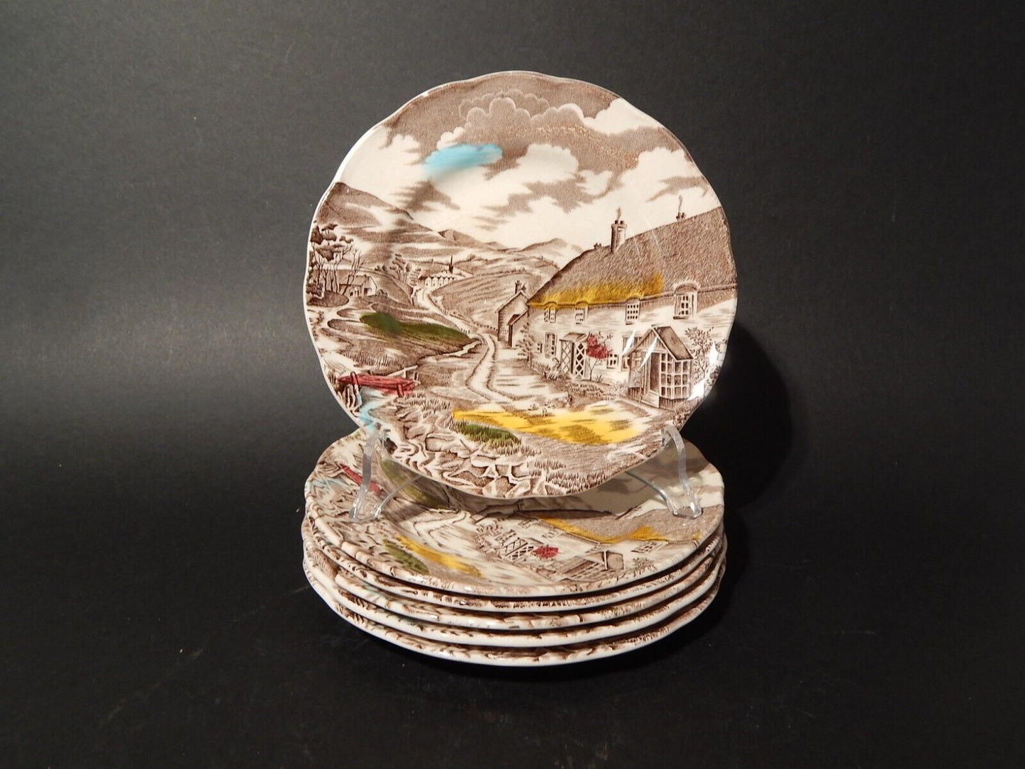 VINTAGE SERVIZIO 6 PIATTI DOLCE CERAMICA W. H. GRINDLEY STAMPA MANO QUIET DAY