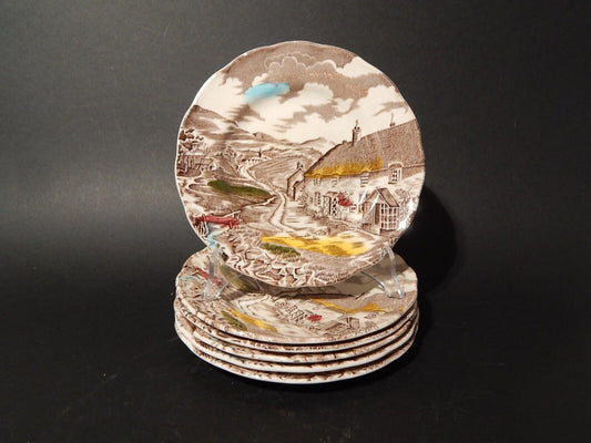 VINTAGE SERVIZIO 6 PIATTI DOLCE CERAMICA W. H. GRINDLEY STAMPA MANO QUIET DAY