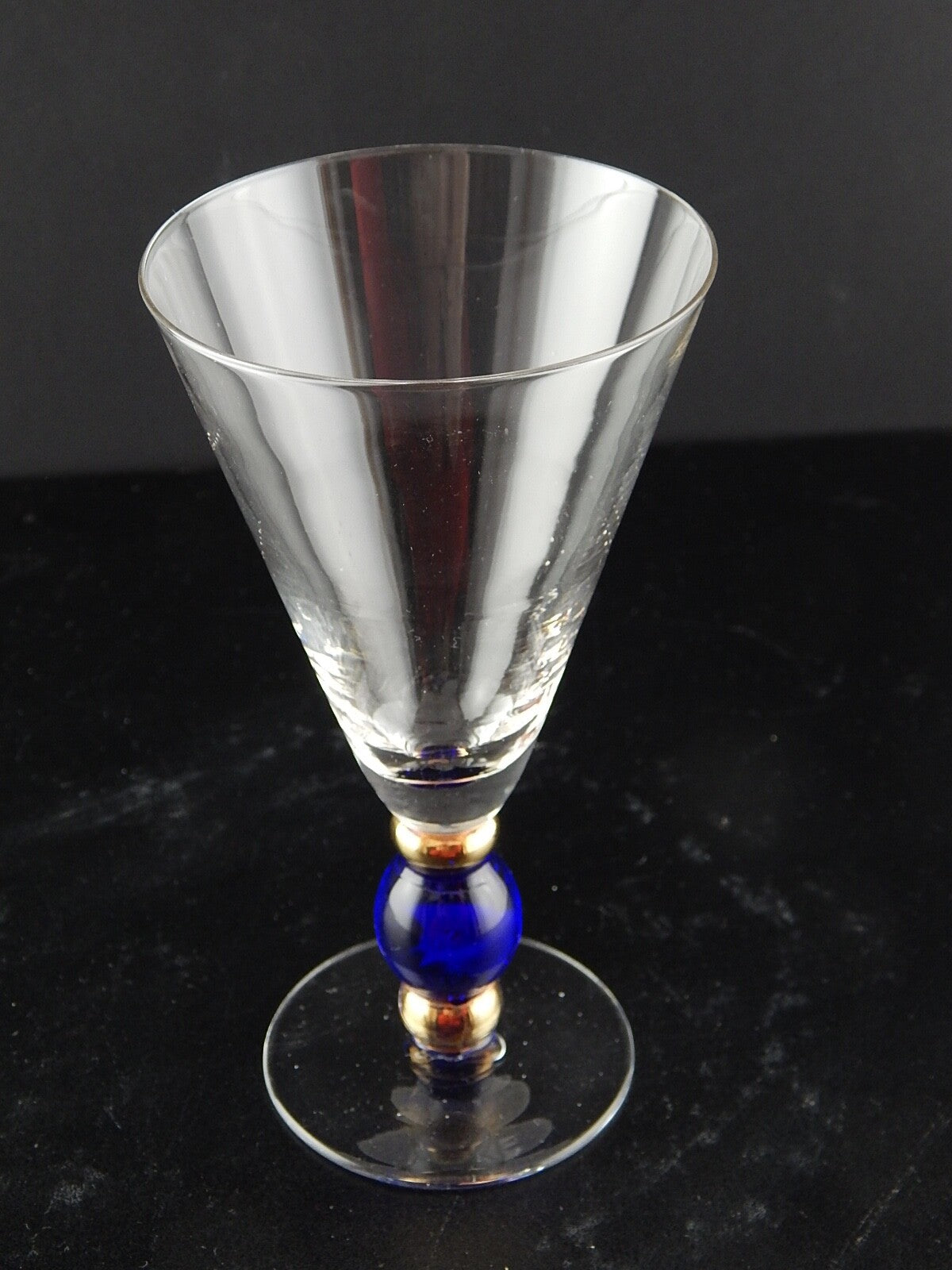 ANTICO ART DECO PREZIOSO CALICE VETRO SOFFIATO MURANO BLU COBALTO ORO