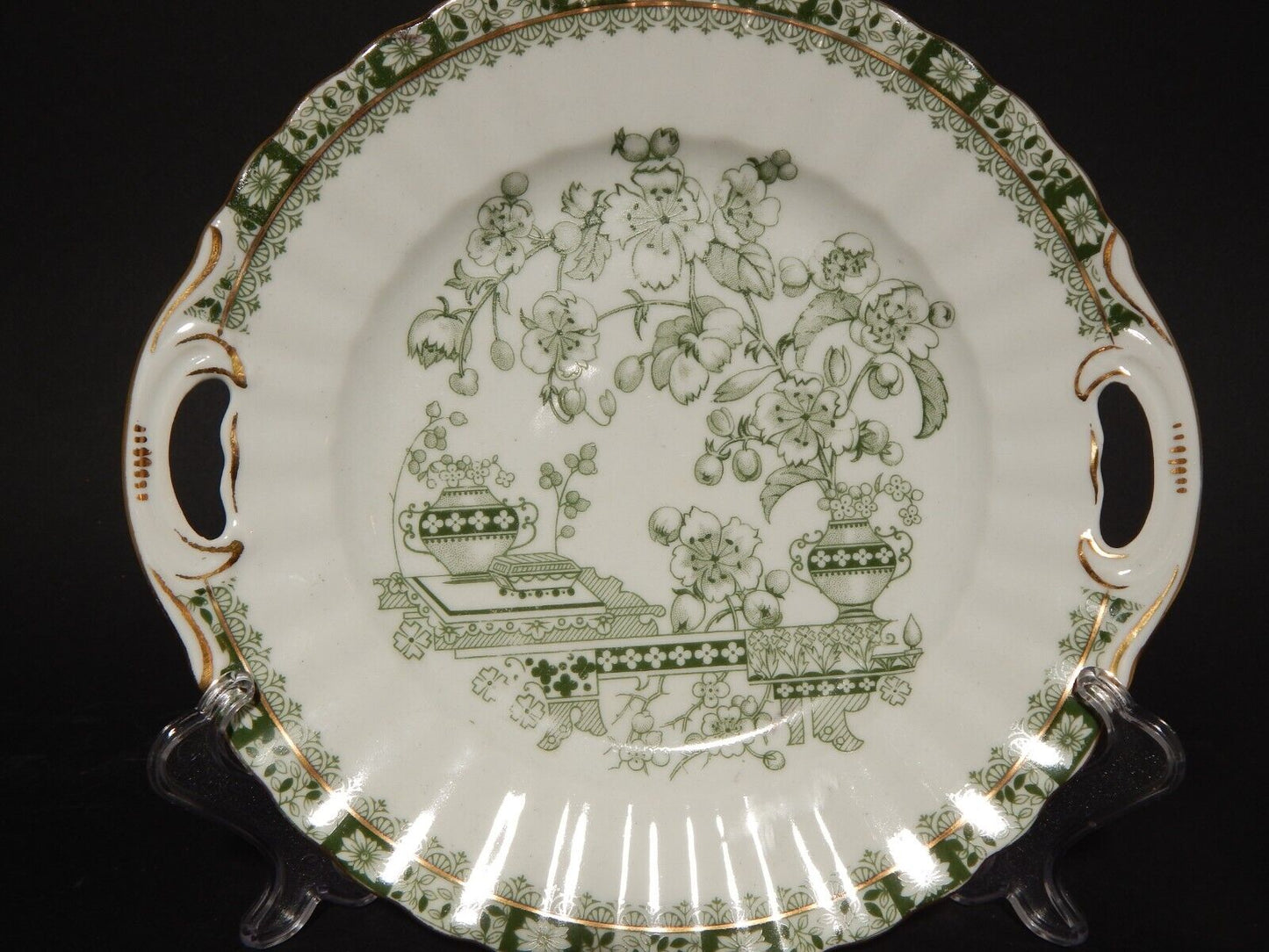 ANTICO VASSOIO CON MANICI PORCELLANA OSCAR SCHALLER DECORO GRUN CHINA VERDE