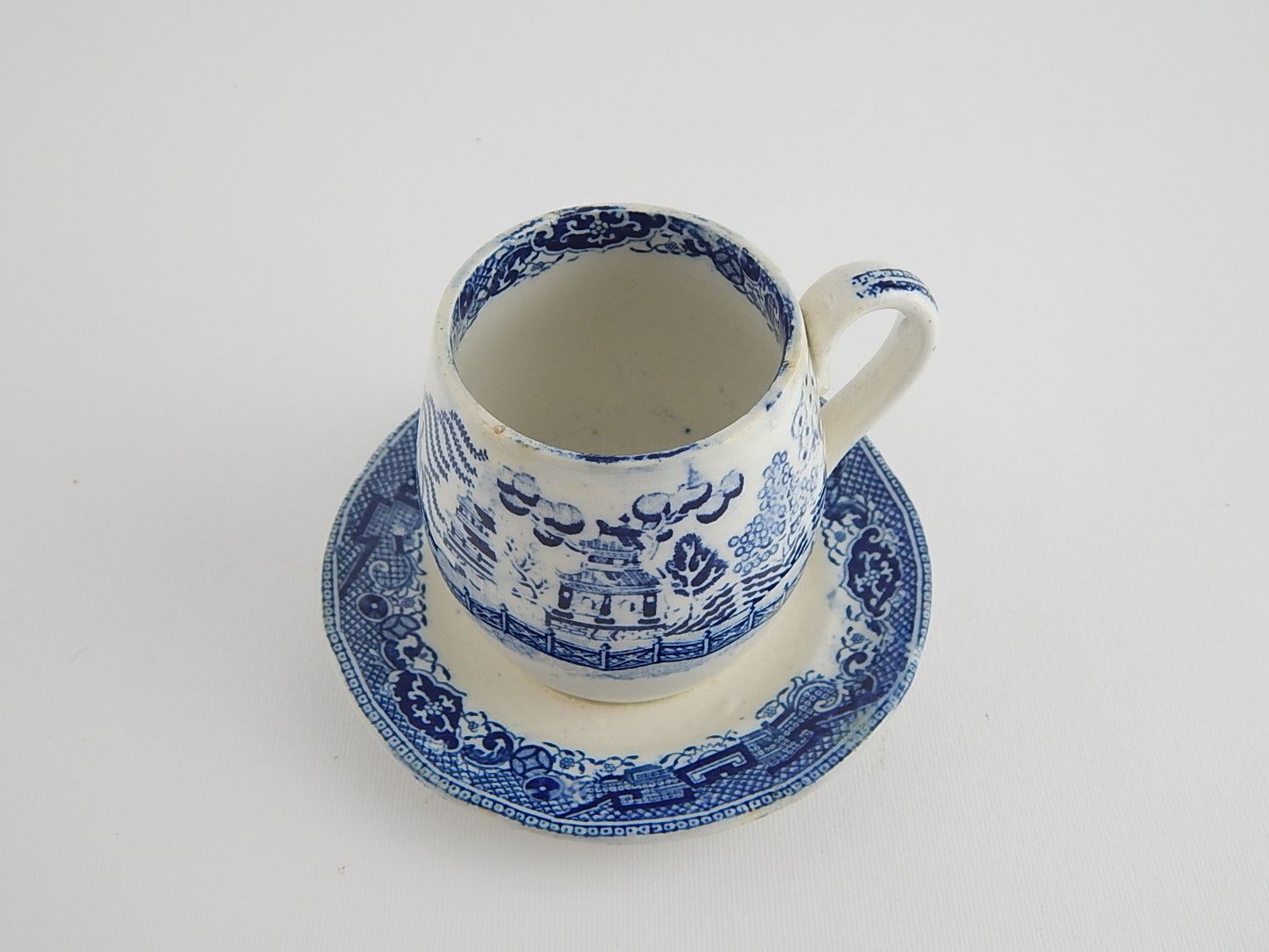 ANTICA MOSTARDIERA SALSIERA CERAMICA POTTERY INGLESE WILLOW COLONIALE META' 1800