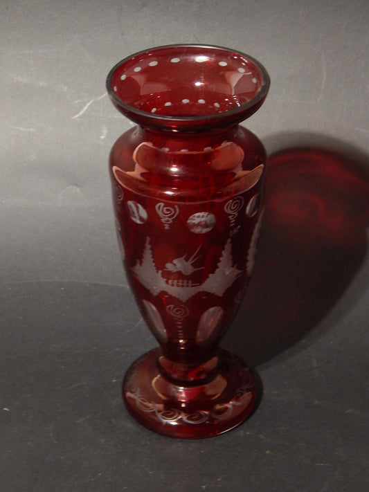 ANTICO PREZIOSO VASO CRISTALLO DI BOEMIA ROSSO RUBINO INCISO BIEDERMEIER