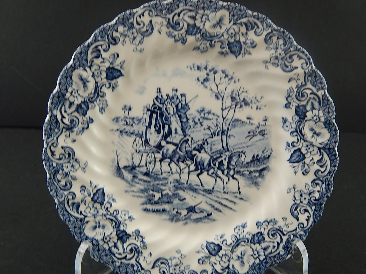 VINTAGE AUTENTICO PIATTO CM 16 PORCELLANA JOHNSON BROS COACHING SCENE BIANCO BLU