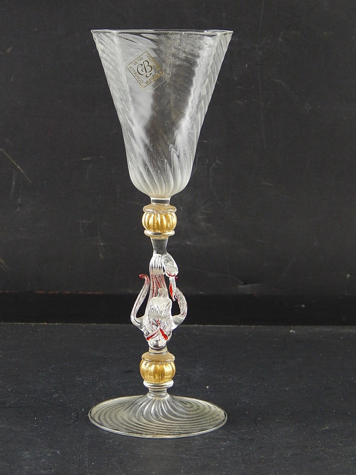 TIPETTO CALICE MURANO VETRO SOFFIATO RIGATO PESCE FIRMATO CORTELLA & BALLARIN #