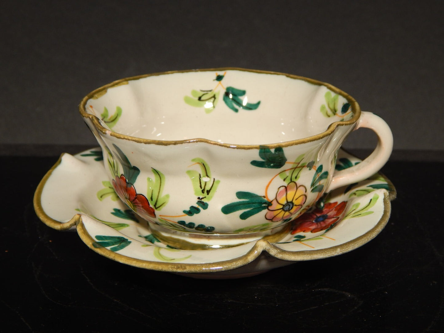 ANTICA RARA TAZZA E PIATTINO IN MAIOLICA CERAMICA CANTAGALLI FIRENZE ITALY #1346