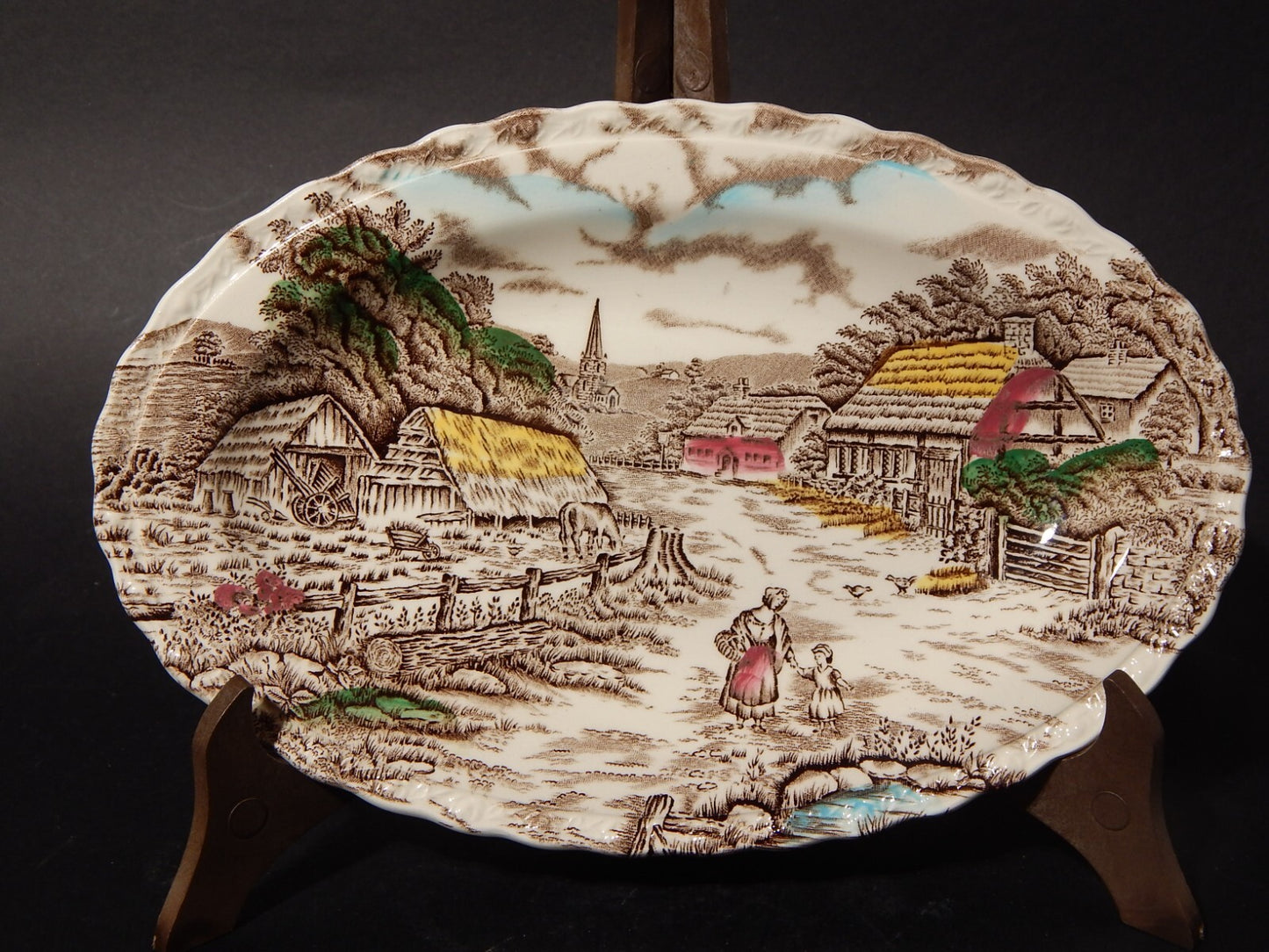 ANTICO VASSOIO RAVIERA CERAMICA INGLESE MYOTT DISEGNO RURAL SCENE STAMPA A MANO