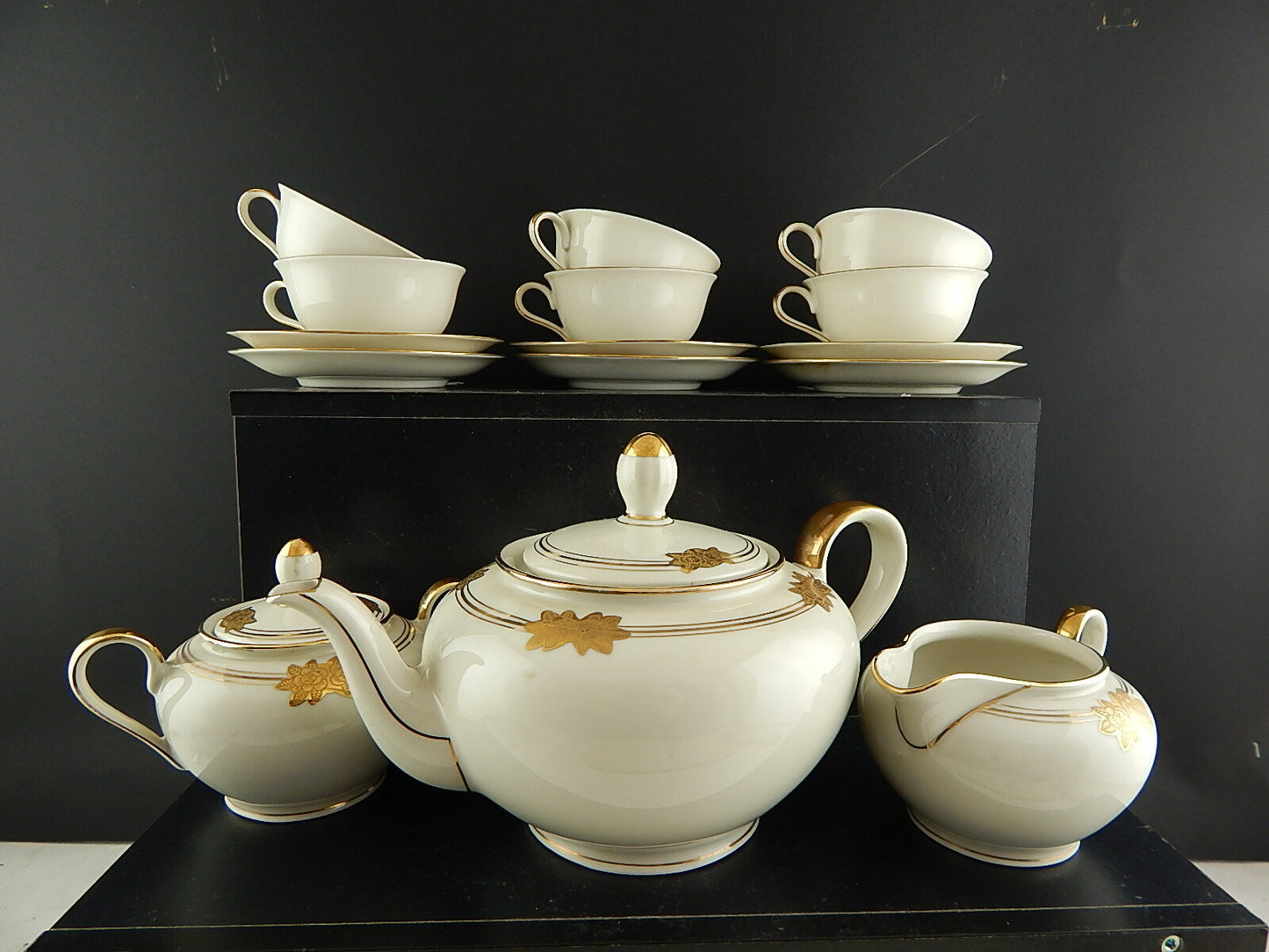 ANTICO SERVIZIO TÈ ART DECO PORCELLANA AVORIO ROSE ORO BAVARIA OSCAR SCHALLER