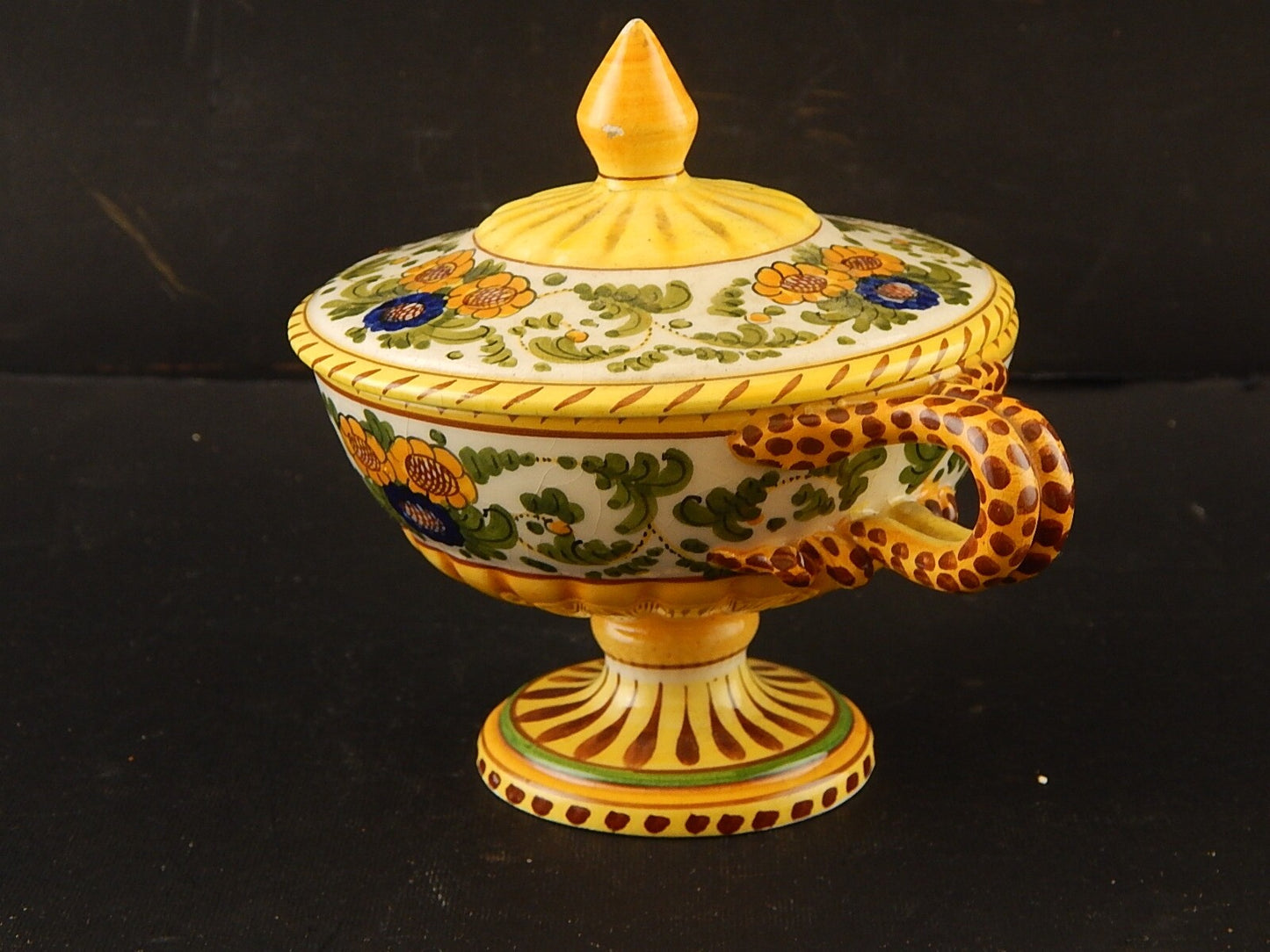 ANTICA POTICHE ZUCCHERIERA MAIOLICA CERAMICA POLICROMA FANTECHI ANSE A SERPE