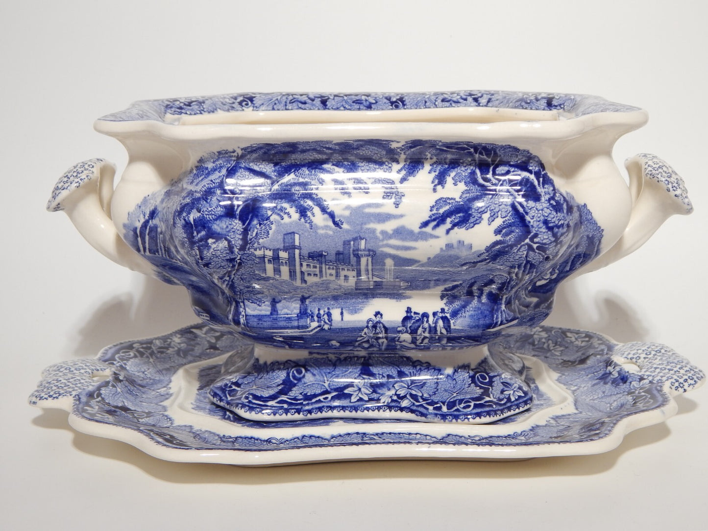 ANTICO CENTROTAVOLA FRUTTIERA CERAMICA INGLESE MASON’S DECORO VISTA BIANCO BLU