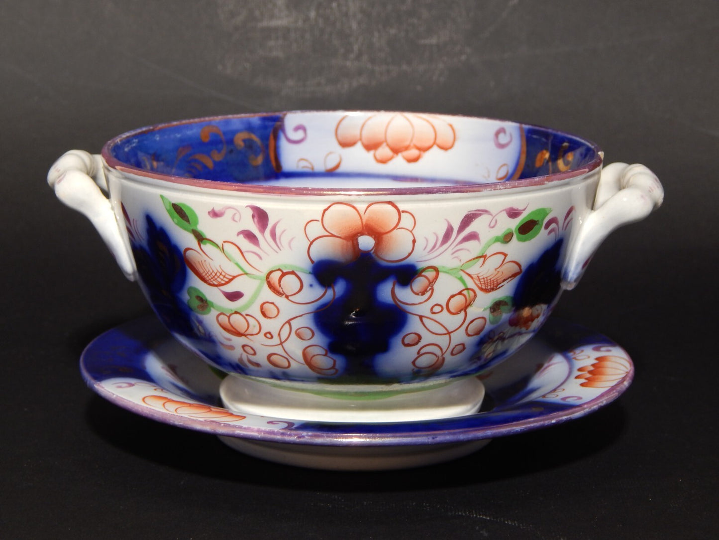 ANTICA RARA CERAMICA POTTERY STAFFORDSHIRE TAZZA PUERPERA BRODO DECORO POLICROMO