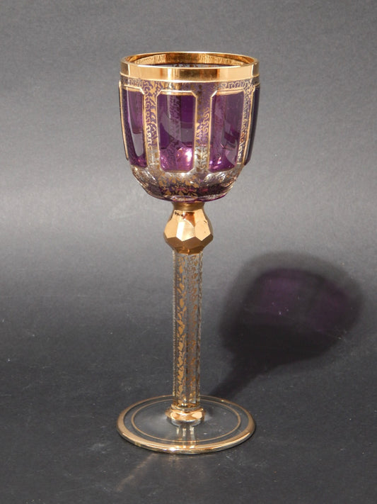 PREZIOSO ANTICO BICCHIERE CALICE CRISTALLO MOSER MOLATO DORATO COLOR AMETISTA