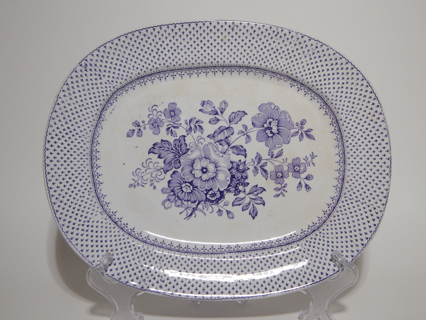 ANTICO RARO VASSOIO CERAMICA STAFFORDSHIRE PRIMAVESI 1860 ERMINE BORDER VIOLA