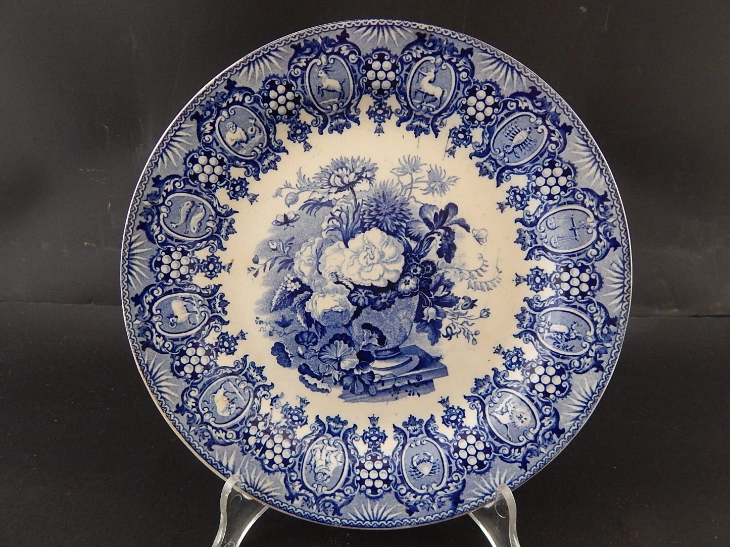 ANTICO RARO PIATTO PORCELLANA WEDGWOOD SEGNI ZODIACALI META' '800 BIANCO BLU #