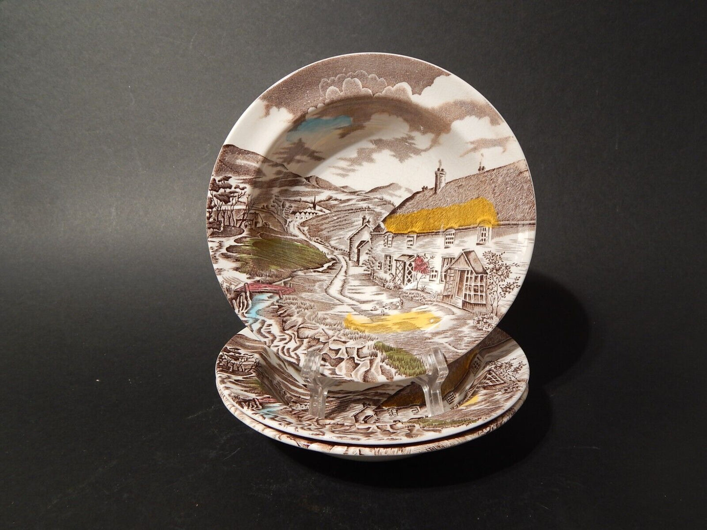 VINTAGE SET 3 CIOTOLE CERAMICA PIATTI FONDI W. H. GRINDLEY STAMPA MANO QUIET DAY