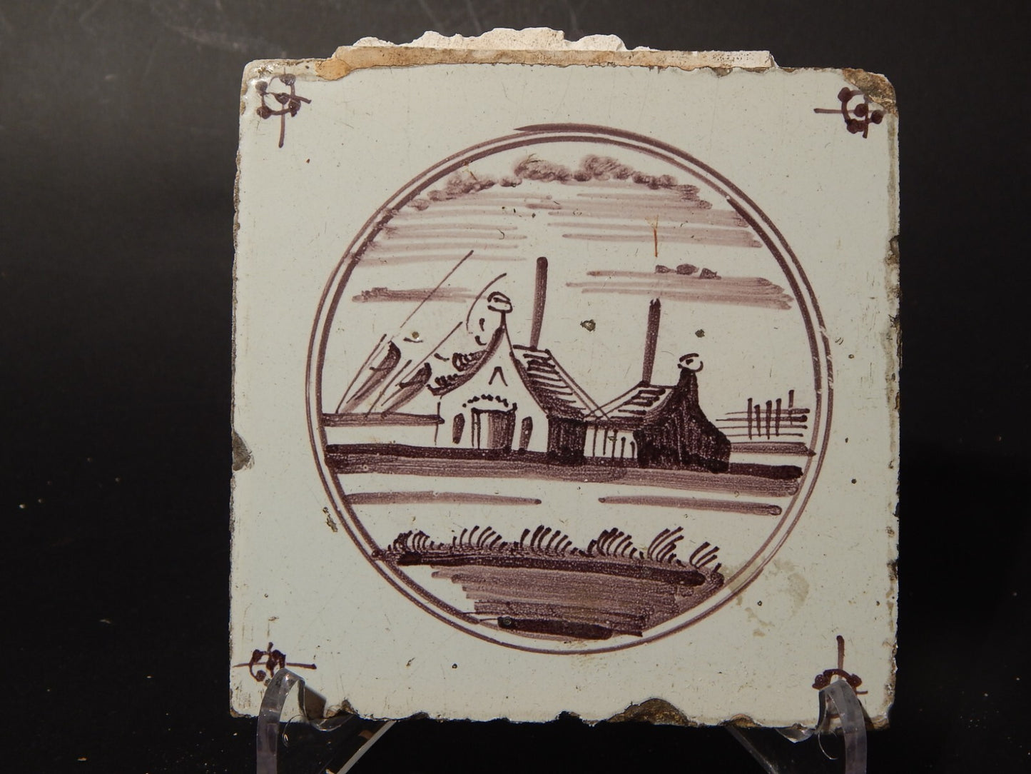 ANTICA PIASTRELLA MATTONELLA CERAMICA DELFT DEL 1700 DECORO AL MANGANESE (482)