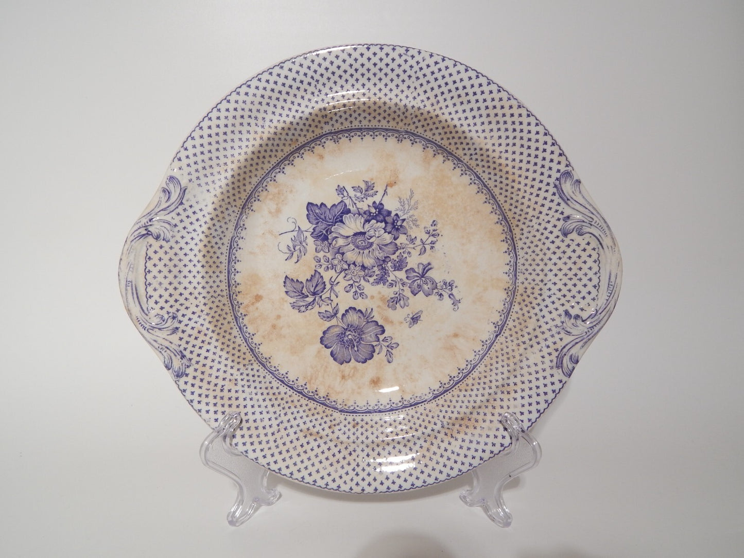 ANTICA LEGUMIERA CENTROTAVOLA CERAMICA INGLESE PRIMAVESI ERMINE BORDER VIOLA