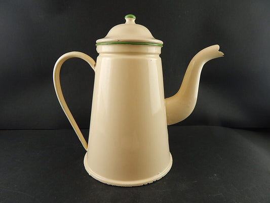 VINTAGE GRANDISSIMA CAFFETTIERA LATTA SMALTATA PORCELLANATA COLOR CREMA E VERDE