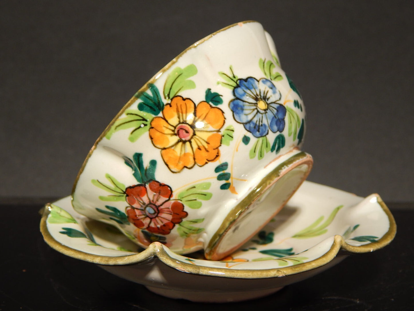 ANTICA RARA TAZZA E PIATTINO IN MAIOLICA CERAMICA CANTAGALLI FIRENZE ITALY #1345