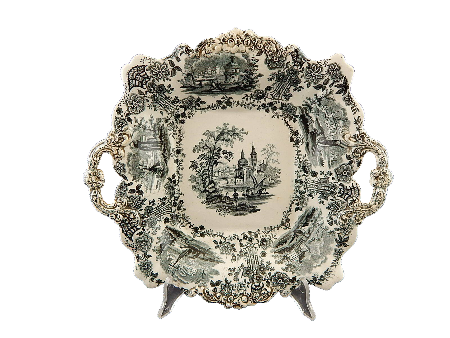 WILLIAM RIDGWAY MAR DI MARMARA 1830 ANTICO PREZIOSO VASSOIO CERAMICA CON MANICI