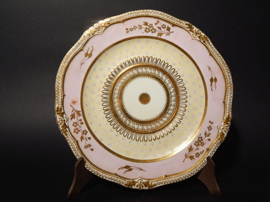 ANTICO REGENCY RARO PREZIOSO PIATTO PORCELLANA INGLESE DECORO ROSA E ORO #