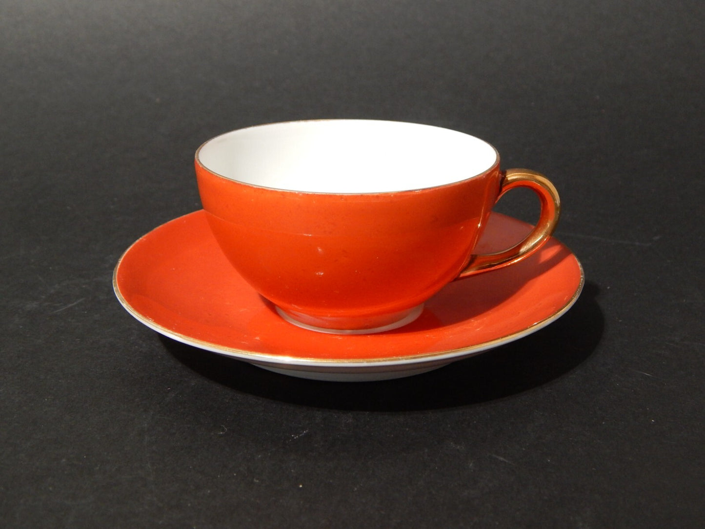 ANTICA RETRO' PREZIOSA TAZZINA PORCELLANA COLORE ARANCIO E ORO